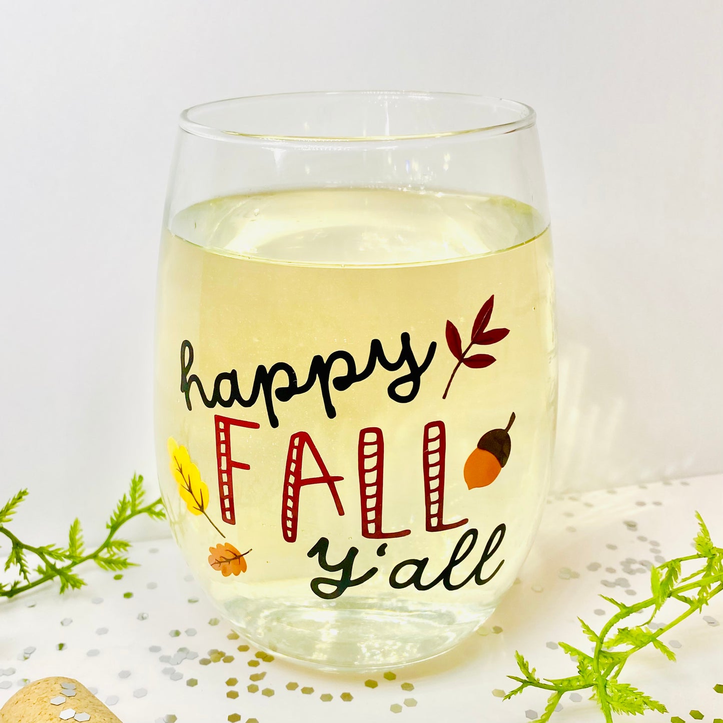 Happy Leaves 20 oz Wine Glass Glass Poppy and Pine Creations   