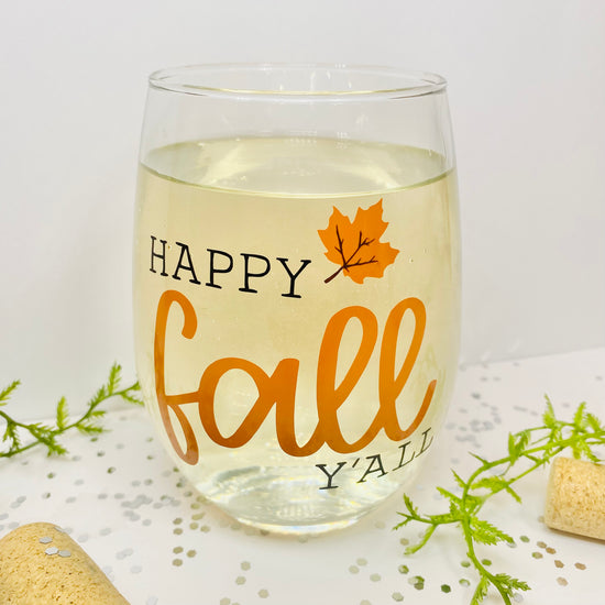 Load image into Gallery viewer, Happy Fall Y&amp;#39;all 20 oz Wine Glass Glass Poppy and Pine Creations   
